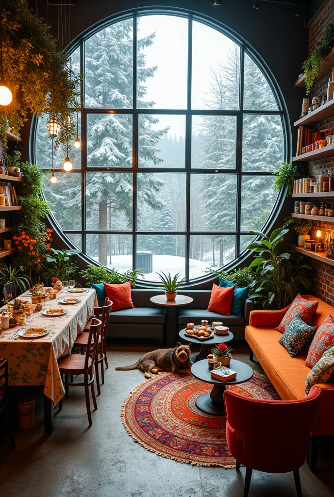 "Create a spacious, vibrant, and beautifully decorated cafe interior with a large, industrial-style circular window that offers a breathtaking view of a snowy forest. The cafe is filled with lush hanging plants, twinkling fairy lights, and a variety of eclectic decorations. In the center of the room is a grand, elegantly set table, featuring an assortment of teapots, teacups, and a beautifully patterned tablecloth. Surrounding the central table are numerous cozy seating areas with plush, colorful sofas and chairs, each accented with decorative pillows and throws. The bar area stretches along one side, featuring a brick wall adorned with shelves filled with pastries, coffee beans, mugs, and glassware. The floor is covered with vibrant, patterned rugs, and various side tables hold potted plants, books, and magazines. The atmosphere is warm and inviting, with a fireplace in the corner and a dog resting nearby. The cafe exudes a lively yet cozy charm, perfect for a relaxed and social setting in an expansive space."