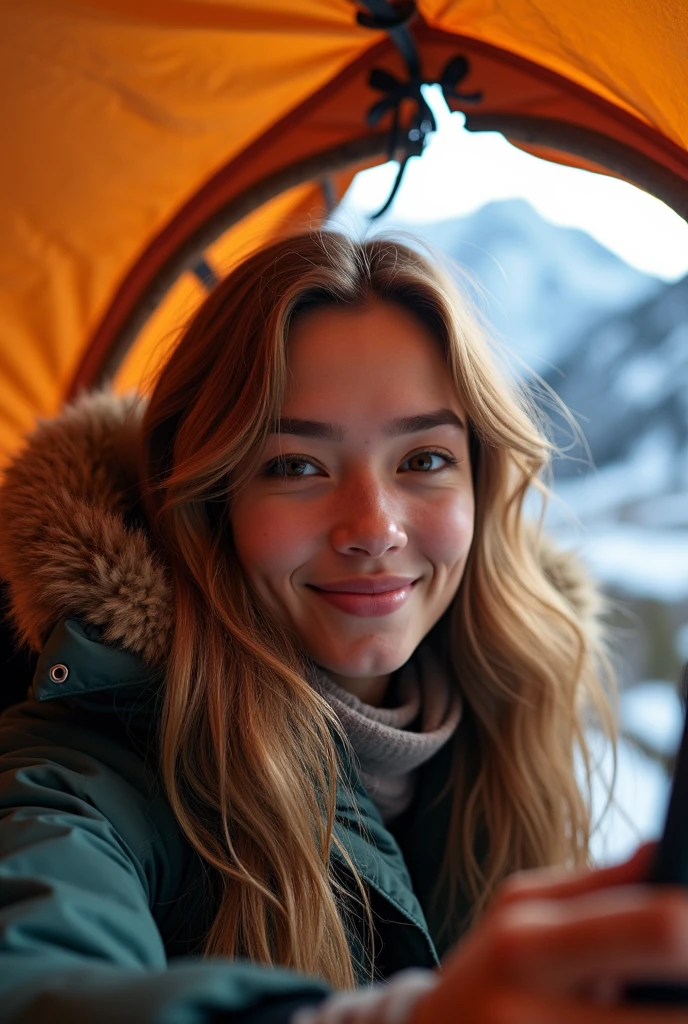 (photorealism:1.2), a selfie of a pretty young woman, taken with iphone camera in bivouac in moutains french