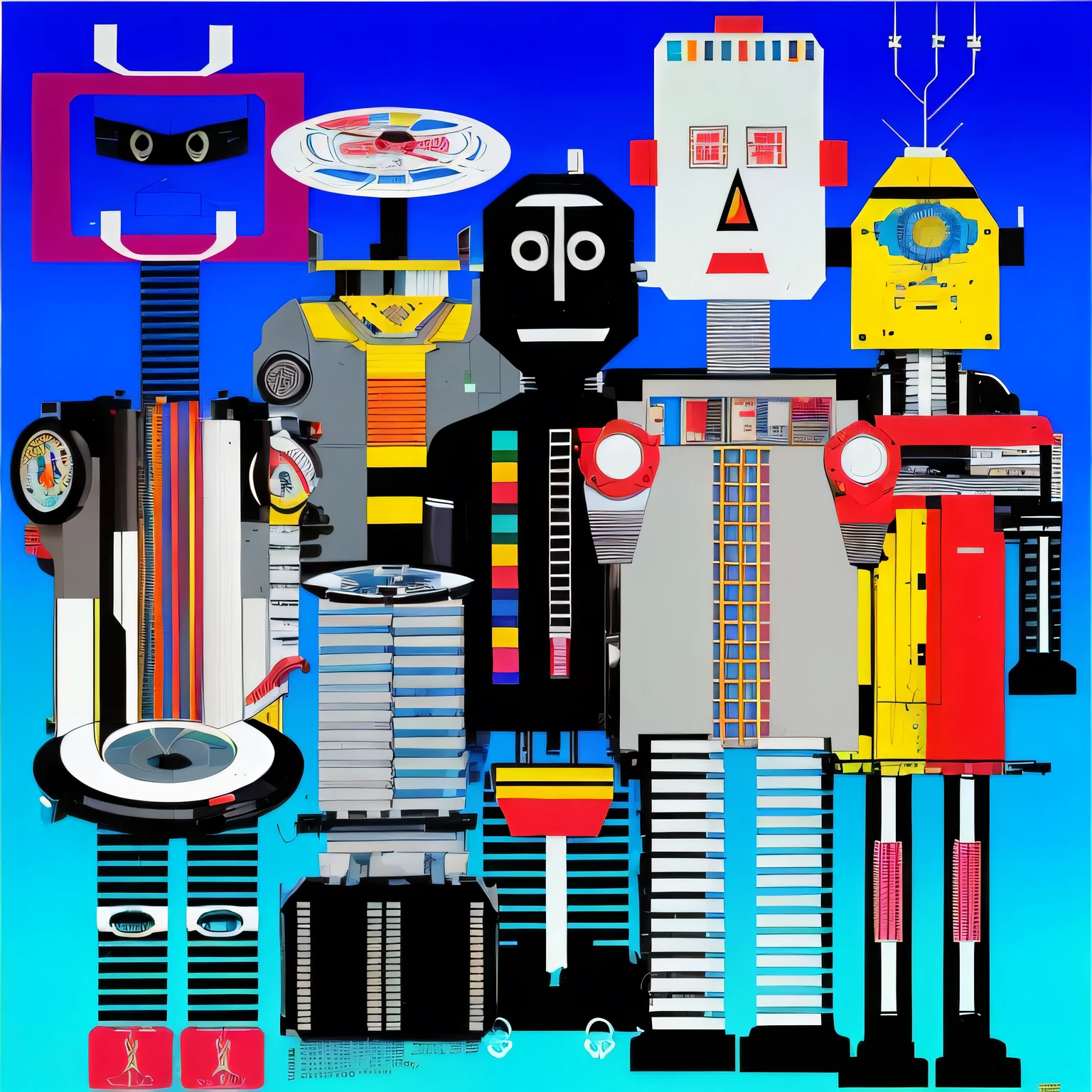 there is a picture of a robô with many different objects, inspired por Eduardo Paolozzi, robôs, Senhor. robôo, robô factory, por Eduardo Paolozzi, inspirado em Jodorowsky, robô punk futuriste geometrie, inspirado em Oskar Schlemmer, inspirado em Hiroshi Nagai, a still life of a robô, ((robô))