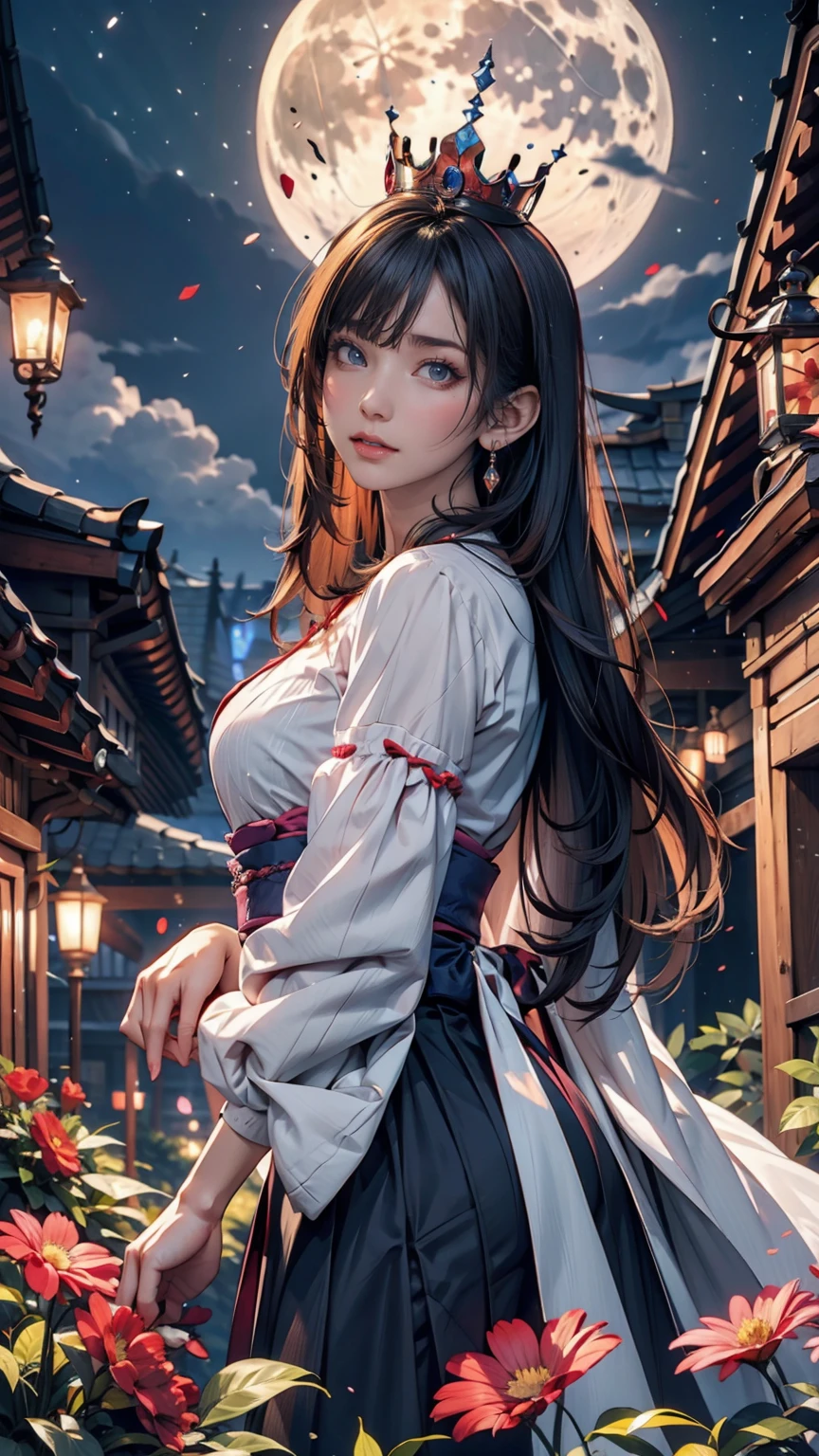 Highest quality, expensive_solve, clear_image, Detailed Background ,, Hanbok,flower,garden,moon, night,Dutch Angle, Wide Shot, Crown,  