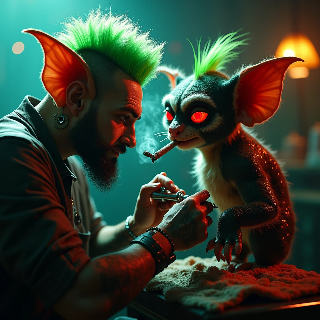 A mesmerizing 36k ultra UHD image captures Mowai, the mythical gremlins character, in a dark fantasy tattoo parlor. The tattoo artist from The Gremlin sports piercings, tattoos and a green punk mohawk, deftly applying ink to Mowai's furry skin with his chrome tattoo machine. Mowai, with red eyes glazed over by marijuana smoke, smokes a tightly rolled marijuana cigarette, creating a surreal atmosphere. The tattoo parlor shines with bright, vibrant lights, fusing dark fantasy with high-tech elements, resulting in a visually stunning 3D rendering masterpiece., dark fantasy
