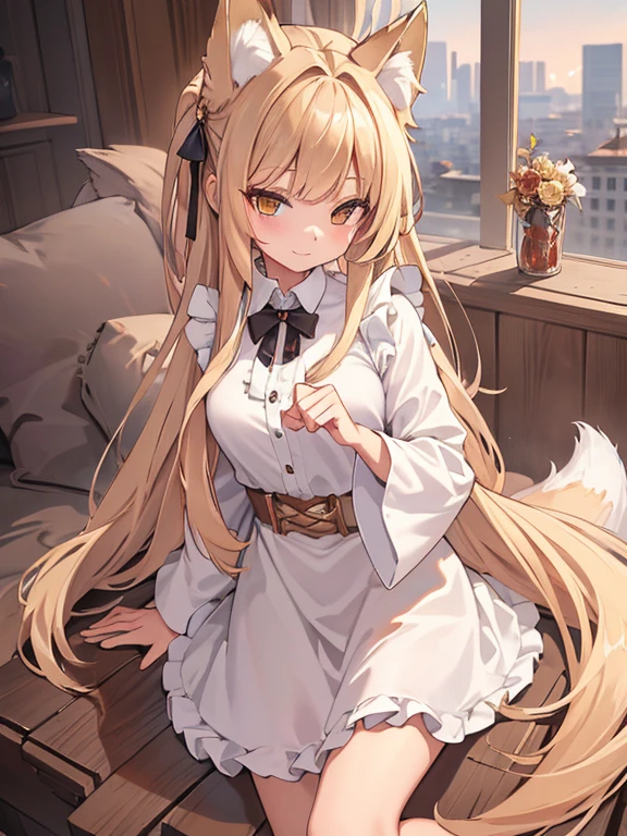 masterpiece、Highest quality、Very detailed、16K、Ultra-high resolution、Cowboy Shot、One person, Detailed face、Perfect Fingers、Fox Ears、Fox Tail、Golden Eyes、Blonde、Long Hair、Classic maid outfit, Luxurious Western-style building, lobby