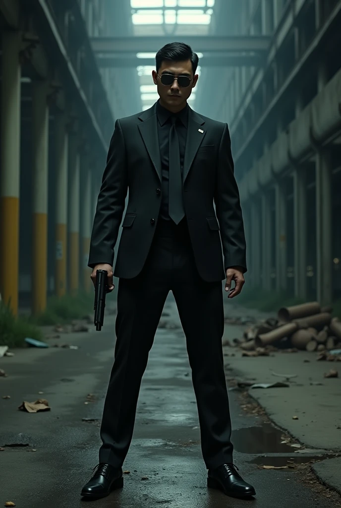 30 years old,One Man Chinese-korean,Black Suit,Abandoned factory at night、mafia、Bend、Spread your legs wide、Hold a gun,Open your legs more,logic,Gay ,Very Short Hair,Stubble,Black sunglasses,Asian Faces,Masculine,The groin area swells、Erotic ,looking at the camera