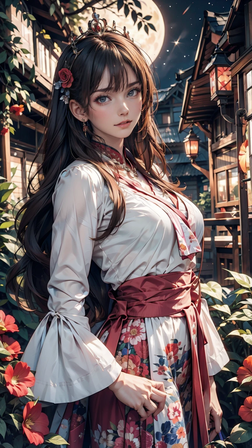 Highest quality, expensive_solve, clear_image, Detailed Background ,, Hanbok,flower,garden,moon, night,Dutch Angle, Wide Shot, Crown,