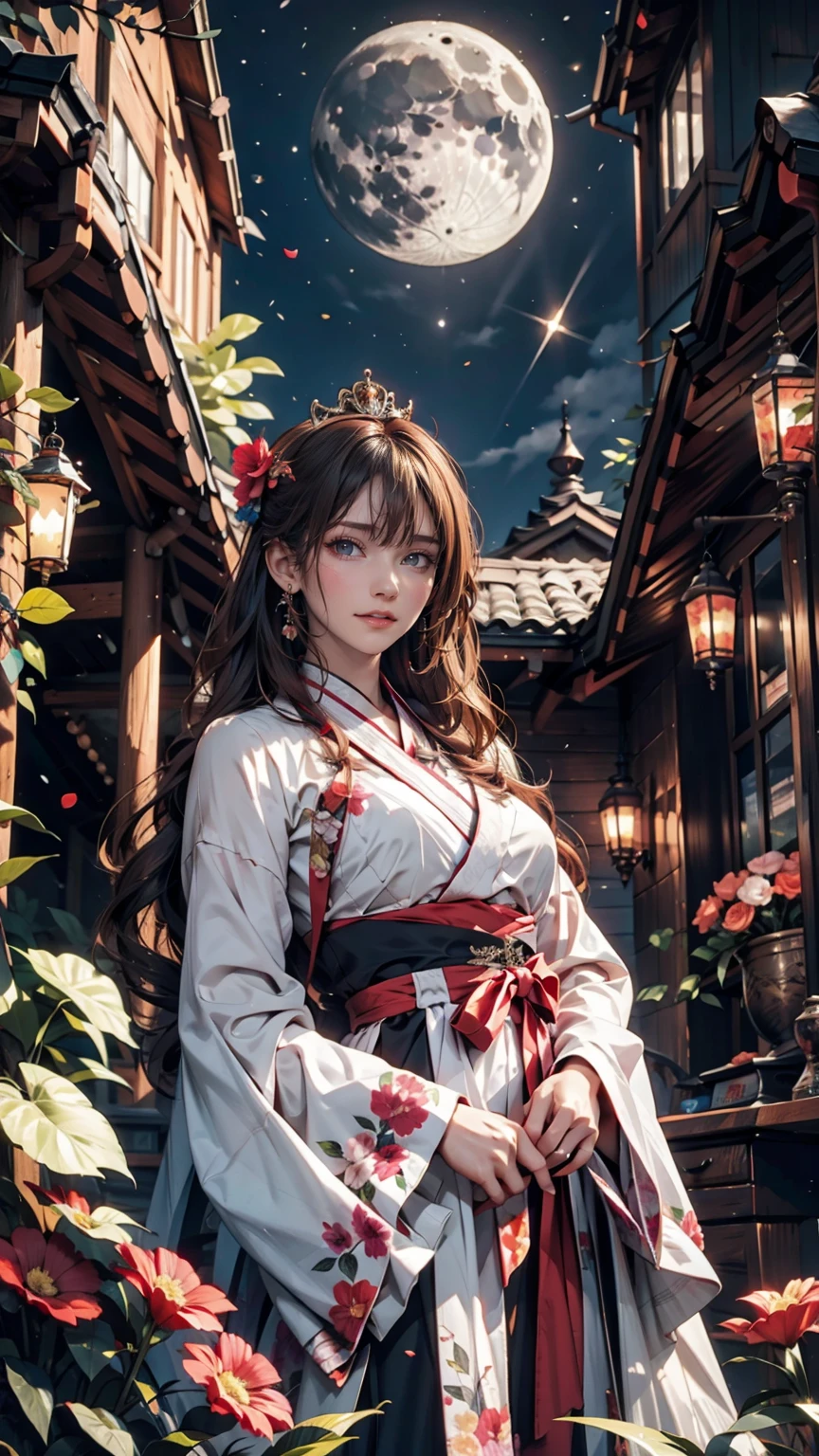 Highest quality, expensive_solve, clear_image, Detailed Background ,, Hanbok,flower,garden,moon, night,Dutch Angle, Wide Shot, Crown,  