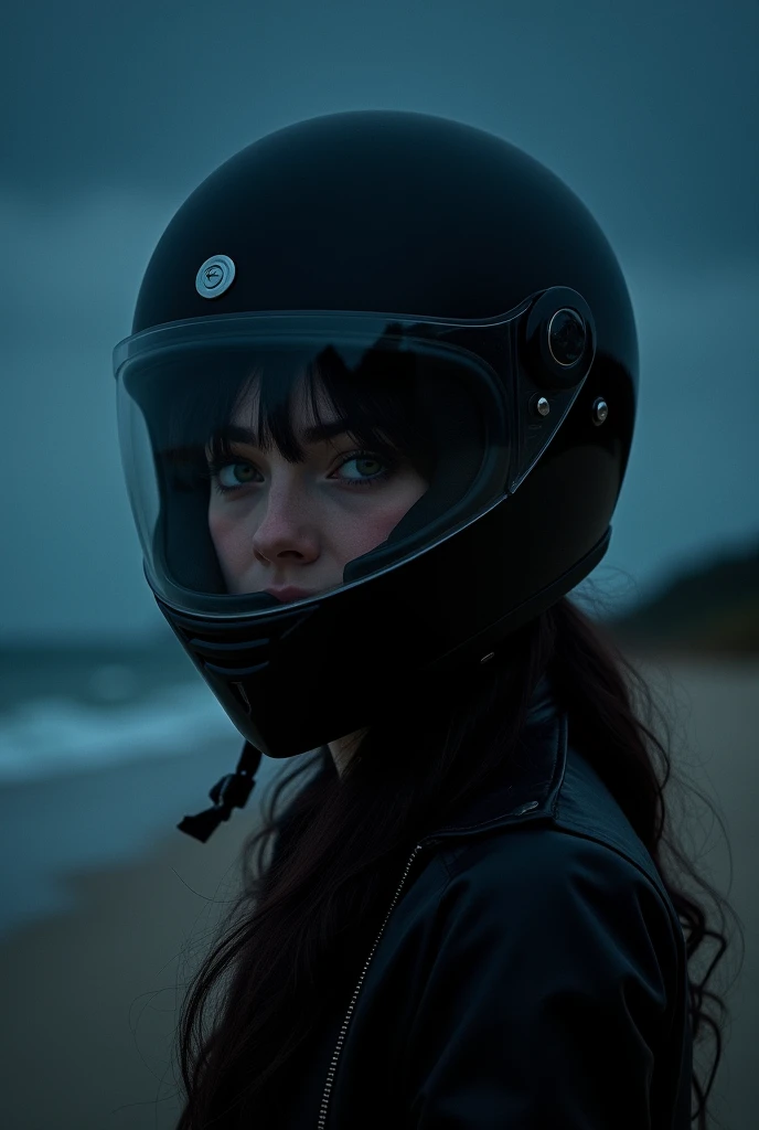 A girl black hair selfie with Motor bicycle helmet on, at night time beach, hide face