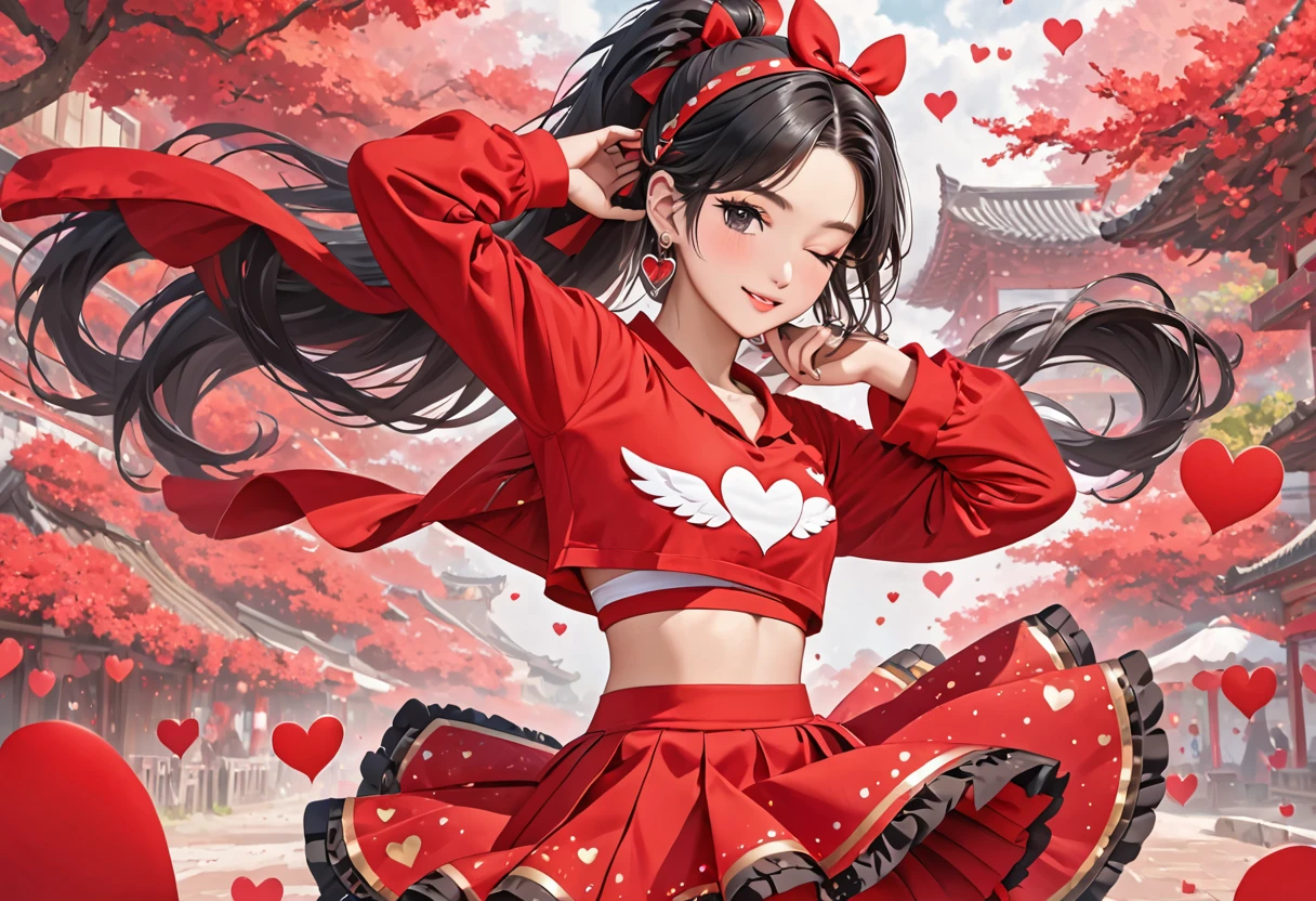 a young girl is wearing red clothes with heart shaped wings sticking out of her skirt, 1girl, solo, one eye closed, jewelry, hairband, ponytail, black hair, heart, looking at viewer, black eyes, long hair, earrings, crop top, midriff, red shirt