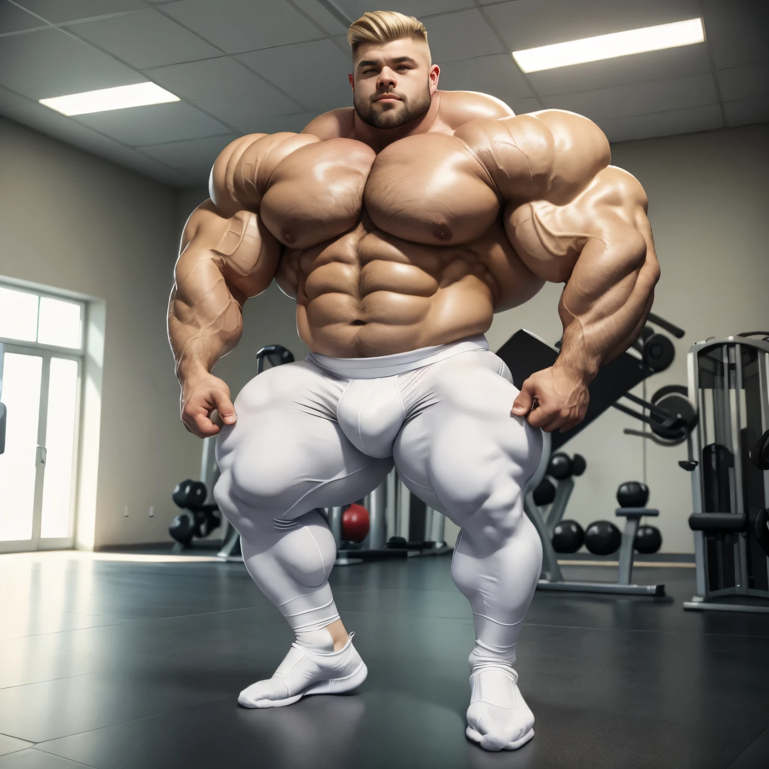 full view full body, Extreme bodybuilder stuffed with steroids Zorian Ruzanov, with platinum-blonde undercut haircut,flaunting hyper-inflated and excessively over-bloated muscles, wering white Lycra tight shorts, white lycra socks, golden rings, no shoes, does push-ups on the gym floor, his white lycra socks must be seen