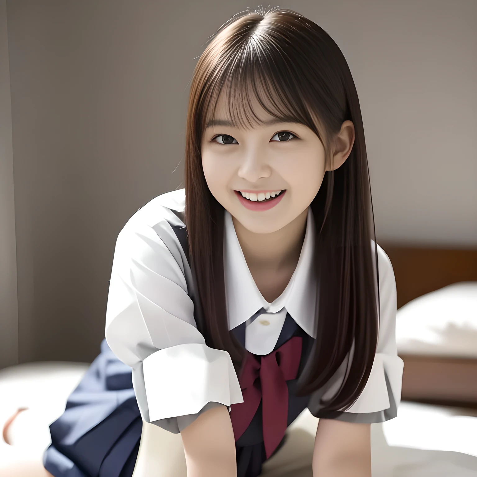 (highest quality, masterpiece, high resolution:1.2), 4K, (Photo quality detailed face: 1.4), (Giorgione painting style: 0.8), geometry, (Cute girly Japanese girl is laying on a white bed, turning her lovely face to me. She is laying on a white bed in a very girly girl's room, showing her pleated skirt: 1.2), Laughing cutely, (neat girly white short-sleeves school blouse: 1.0), (puffed short sleeves: 1.0), (Dark red glossy school ribbon on the breast: 1.0), (Gray Japanese school girly vest Uniform: 1.2), (Box-pleated gray short school skirt is so cute: 1.6), (Extremely laughing cheeks: 1.0), (Beautiful light-amber cute-dolly large clear eyes with detailed cutely: 1.4), (Long bottom eyelashes: 1.2), (Expressing the greatest joy with her whole body: 1.2), (Glossy lips: 1.0), (Super-straight super-long hair: 1.5), (white and clear skin: 1.0), (Promoting Shampoo: 1.2)