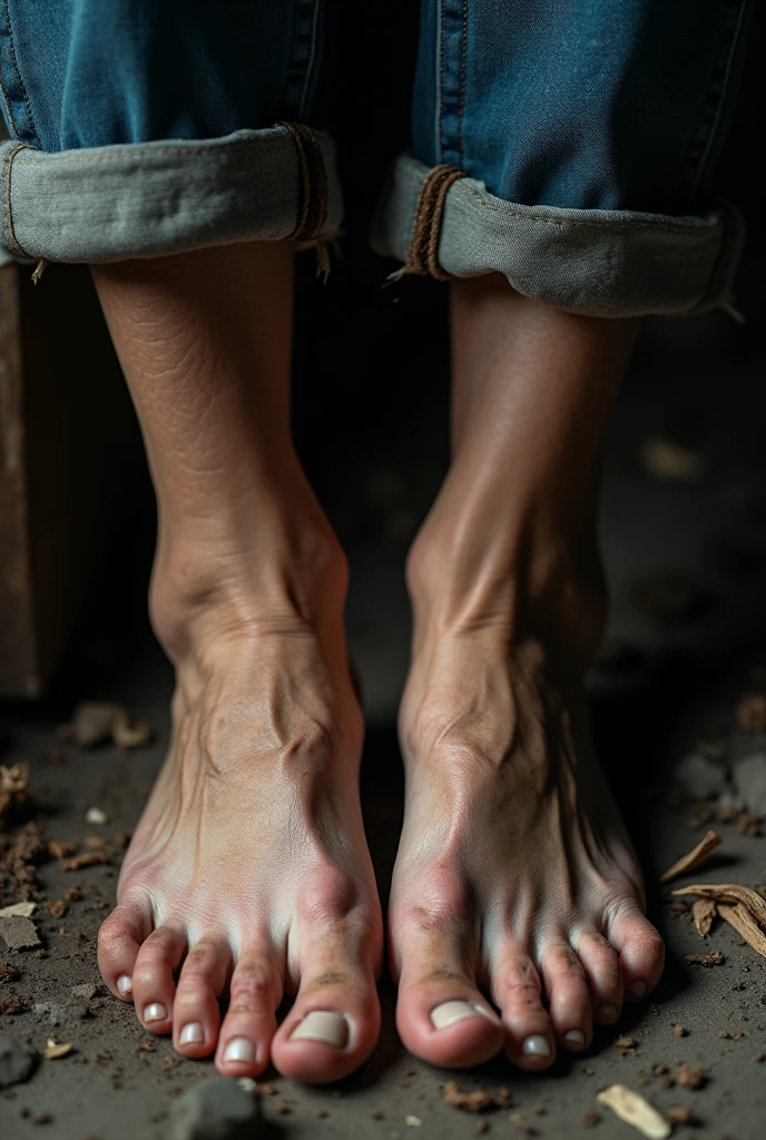 create a pack of foot photos, of a suffering woman from the interior of the northeast, with color and without veins and showing only the feet