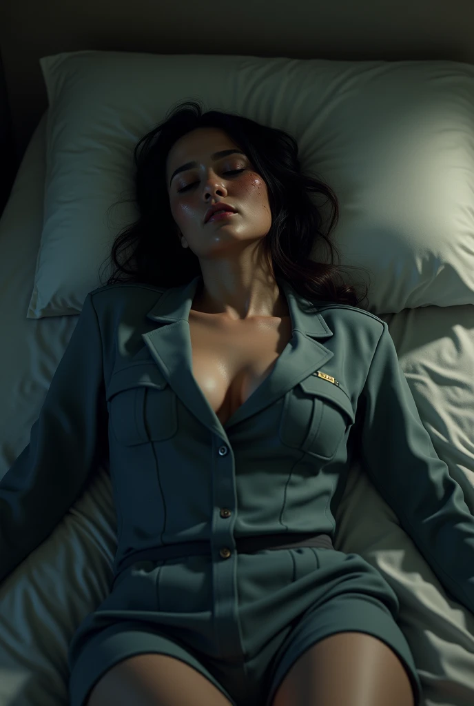 A woman in uniform lying face down on a bed and sweating、Cleavage。