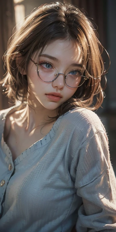 (masterpiece: 1.2, Portraiture, Highest quality), Realistic, (Live Action, Intricate details, Written boundary depth), Highest quality, masterpiece, Attention to detail, semi-Realistic, Sleeping in bed, shy, 21 years old, Short Blonde, blue eyes, pajamas, Slim figure、Dark Room、read while wearing glasses