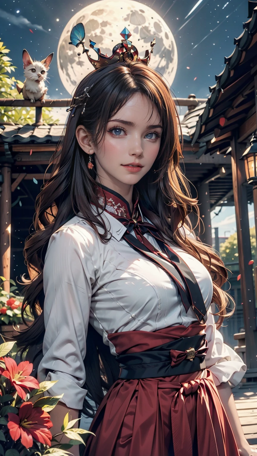Highest quality, expensive_solve, clear_image, Detailed Background ,, Hanbok,flower,garden,moon, night,Dutch Angle, Wide Shot, Crown,