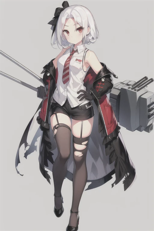 Vittorio_Veneto \(warship girls r\),((masterpiece)),(((best quality))),((ultra-detailed)),((illustration)),((disheveled hair)),((frills)),(1 girl),(solo),1girl, animal, armpits, bangs, bare shoulders, black bow, black footwear, black gloves, black legwear, black skirt, bow, braid, breasts, burnt clothes, cat, chair, closed mouth, collared shirt, cup, damaged, dog, eyebrows visible through hair, floating hair, full body, gloves, gradient, gun, hair bow, hair ribbon, hand on hip, high heels, holding, holding cup, jacket, long hair, long sleeves, looking at viewer, necktie, red eyes, ribbon, saucer, shirt, shoes, sidelocks, skindentation, skirt, sleeveless shirt, solo, standing, striped, teacup, thighhighs, thighs, torn bike shorts, torn cape, torn clothes, torn dress, torn gloves, torn jacket, torn legwear, torn leotard, torn pants, torn shirt, torn shorts, torn skirt, torn sleeves, torn swimsuit, short hair, white hair, white shirt