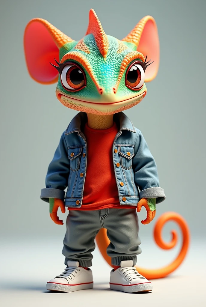 Brightly colored animated  chameleon with grey jacket and red t-shirt, gray pants and white shoes
other
