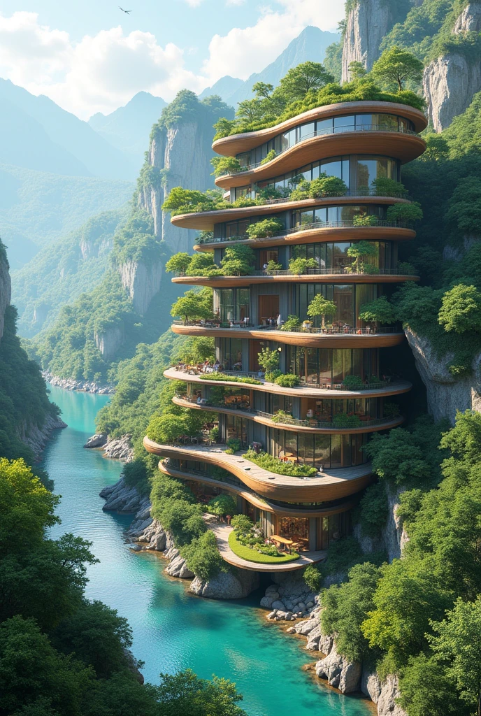 Eco-friendly building using hydroelectric and geothermal energy in 2124。
