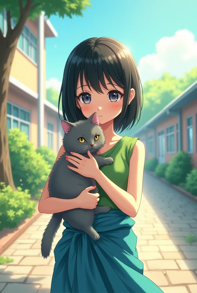 One sunny afternoon at school, There was a girl with black shoulder-length hair, wearing a green sleeveless shirt and a blue sarong, holding a gray cat.