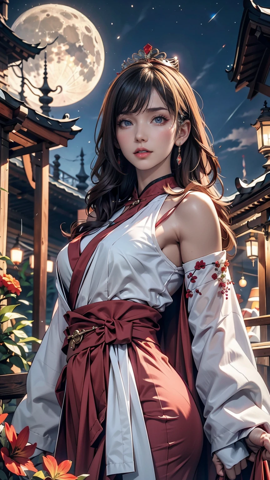 Highest quality, expensive_solve, clear_image, Detailed Background ,, Hanbok,flower,garden,moon, night,Dutch Angle, Wide Shot, Crown,