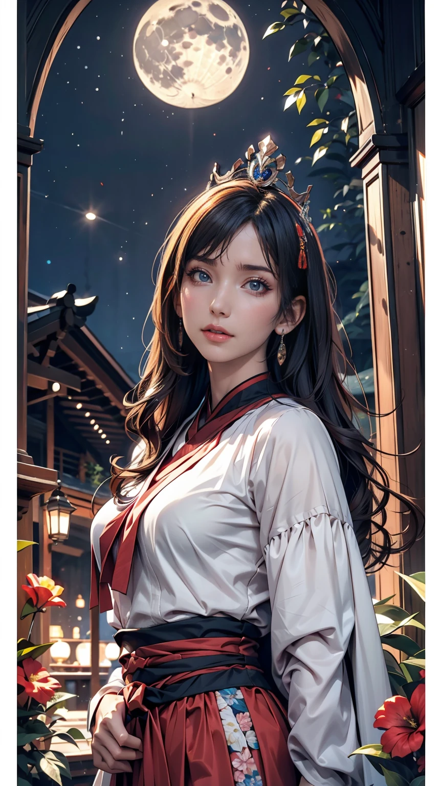 Highest quality, expensive_solve, clear_image, Detailed Background ,, Hanbok,flower,garden,moon, night,Dutch Angle, Wide Shot, Crown,  