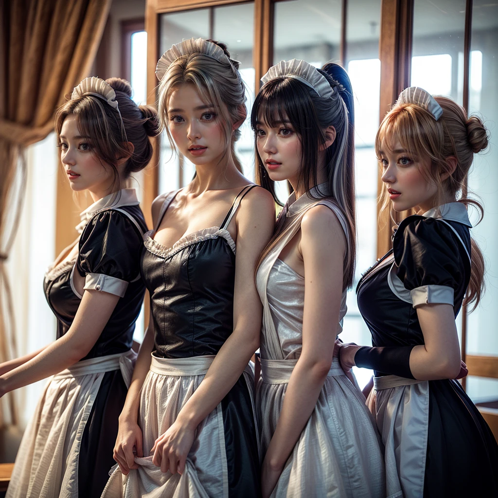 (Full Body of Extremely Detailed((Kawaii Maid Group in a row:1.37))), ish perfect face, Reflective Eyes, Detailed(Delicate Clothing textures), Dynamic Joyful Expressions LifeLike Rendering, Specular Reflection, TopQuality 8K Ultra-detailed masterpiece (ProfessionalPhoto:1.37), (Acutance:0.8), (Luminism:1.28), (Renaissance art style), Colorful Light particles, ((Full body from side)), {MicroMini(SkirtLift)|Kissing|Breast Lifting|Undressing}, Radiant Fine Skin with Transparency, (Exposed Hourglass Body Shape), (Different types of Anime hair color:1.6), Perfect Lighting