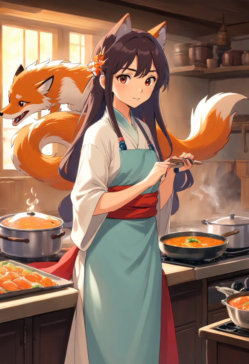 best quality,masterpiece,Ultra-high resolution,(photoactual:4：0）,An oriental nine-tailed spirit fox woman.long hair shawl,Wear cool clothes,apron,Cooking in the kitchen