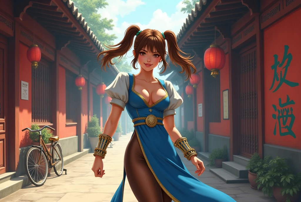 style Langrisser, A movie poster depicting 1girl, a female fighter from street fighter the game (Chun li, adult a little chubby, cute smiling, big eyes, (a bit curvy, small breasts, round ass, (short sized torso), medium mouth, very thick lips, almond-shaped eyes, chestnut hair, Gorgeous body, Beautiful large head and very symmetrical face. Very detailed clothing, street fighter, brown eyes, blue dress, ((pelvic curtain), (brown pantyhose), china dress), white cross-laced boots, bracelet, gold trim, jewelry, puffy sleeves, sash, short sleeves, side slit, spiked bracelet, spikes, double bun, hair accessories,cleavage, large nose, tan skin) in a folkloric chinese street, ((with the words "Street Fighter" written in large letters in the right side)), there's an old bicycle against the wall. Very detailed and intricate environment, 