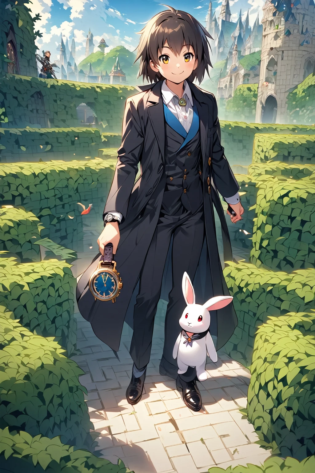 (One Woman,15 years old,((smile)),Black Hair)(A bipedal rabbit wearing a morning coat and holding a watch),((,(Fantasy,Green hedge maze))