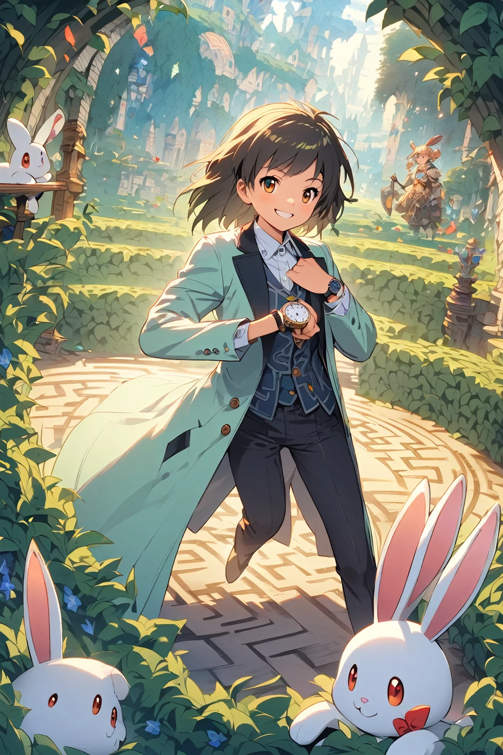 (One Woman,15 years old,((smile)),Black Hair)(A bipedal rabbit wearing a morning coat and holding a watch),((,(Fantasy,Green hedge maze))