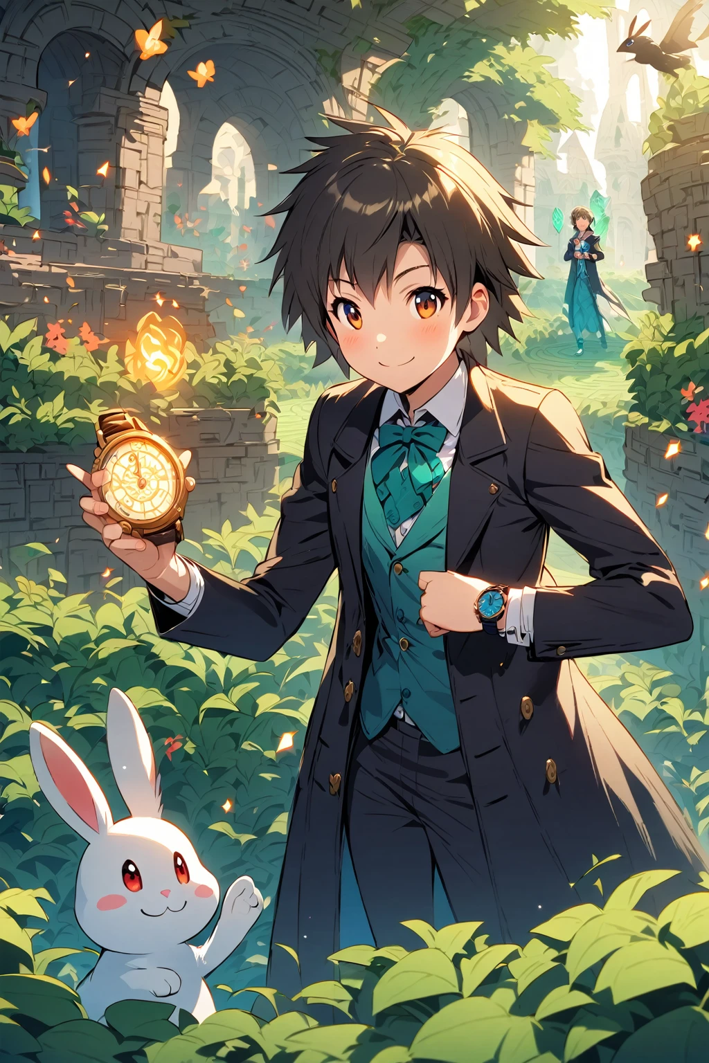 (One Woman,15 years old,((smile)),Black Hair)(A bipedal rabbit wearing a morning coat and holding a watch),((,(Fantasy,Green hedge maze))