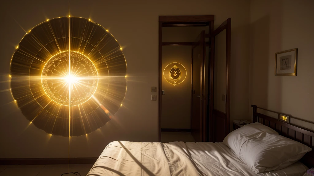 Portal of radiant golden light floating in front of the bed, solar energy all around lighting up the entire hospital room, Buddha coming out of the portal of light in the sphere, realistic light.