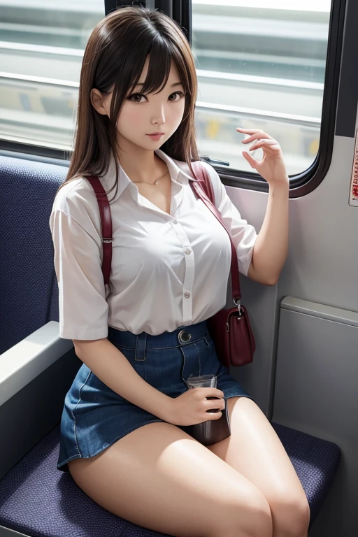 Japanese women、mini skirt、Underwear is visible、Thick thighs、sitting in a train seat、sitting in the front seat、Viewer's perspective、Too much exposure、白いUnderwear is visibleよ、Spread your legs