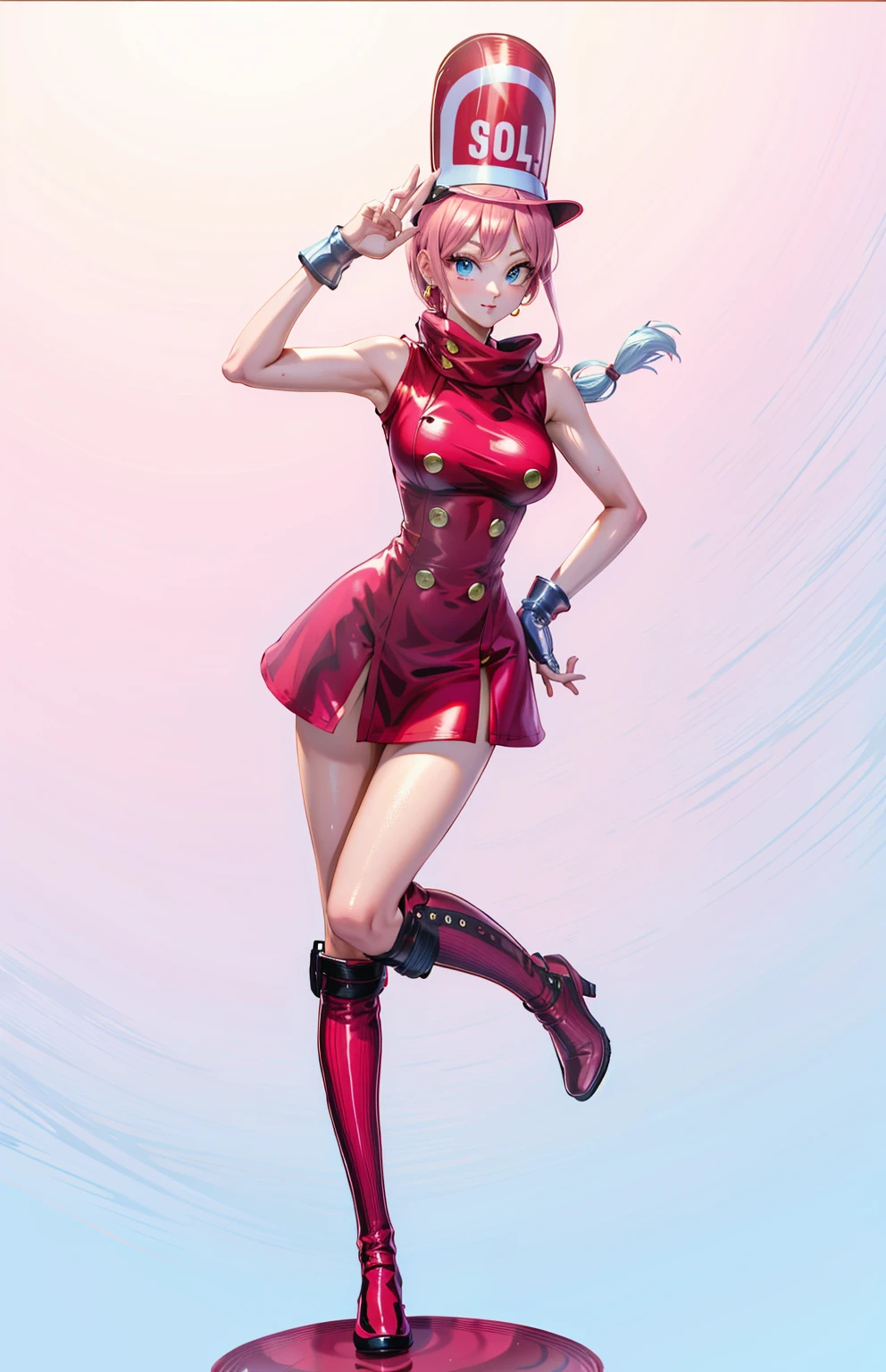 (masterpiece:1.2),( high quality:1.1), bulla,pout, long hair, straight hair,bangs, pink hair, blue eyes, mascara, long lashes, hairband, red hairband, earrings, bodycon dress, sleeveless,  blurry background,(looking at viewer, Bend forward:1.1),, huge breast,large breast,(beautifully lit:1.1),