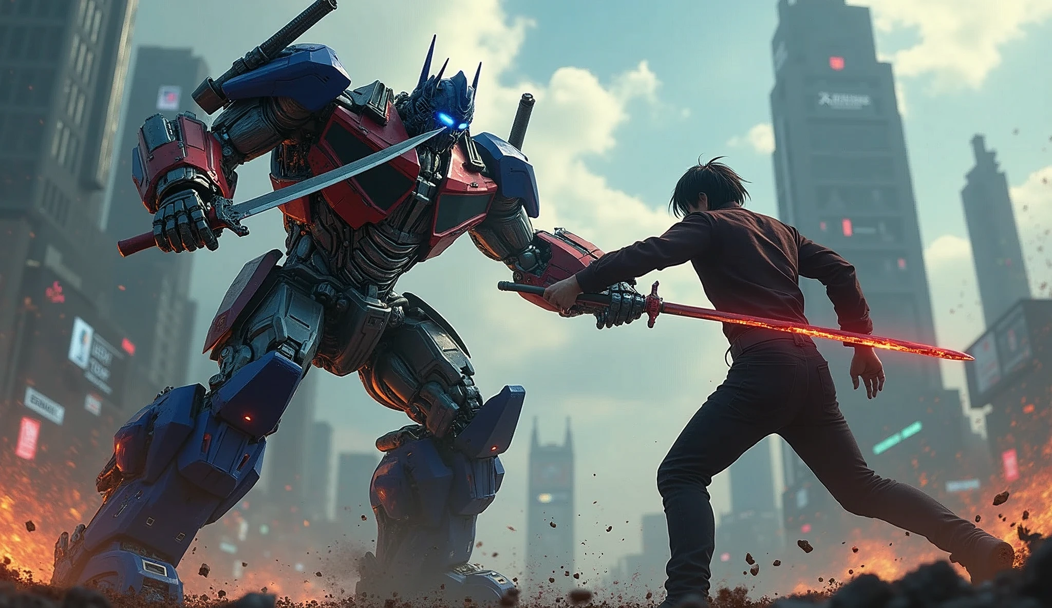 Optimus Prime meet Kirito, full body, highly detailed, cinematic, dramatic pose, intense battle, energetic action, mechanical robot, cyberpunk, neon lights, dramatic lighting, dystopian, gritty, blood, grime, intense emotion, photorealistic, hyper detailed, 8k, award winning