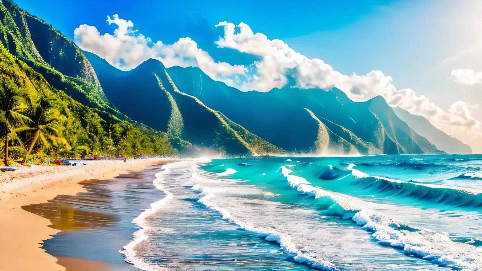 giant ocean waves crashing into mountains on a sunny day, A beautiful white sand beach completes the cinematic atmosphere in this paradise