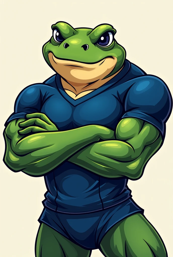 make a cartoon frog mascot, strong and brave with his arms crossed and a completely navy blue football shirt. knife him turned sideways and with an angry expression on his face