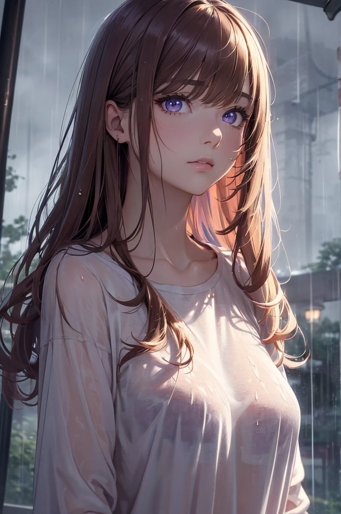(master quality, amazing detail, amazing eyes), ((detailed eyes, artistic eyes, deep eyes, expressive eyes), 1girl wearing nothing but a long t-shirt as a nightgown outside at night in the pouring rain, depressed, soaking wet, stormy weather, heavy rain, wet hair, reddish-purple shirt, nighttime, short caramel blonde hair, tiny B-cup breasts, outside, purple eyes, detailed rain, detailed background,