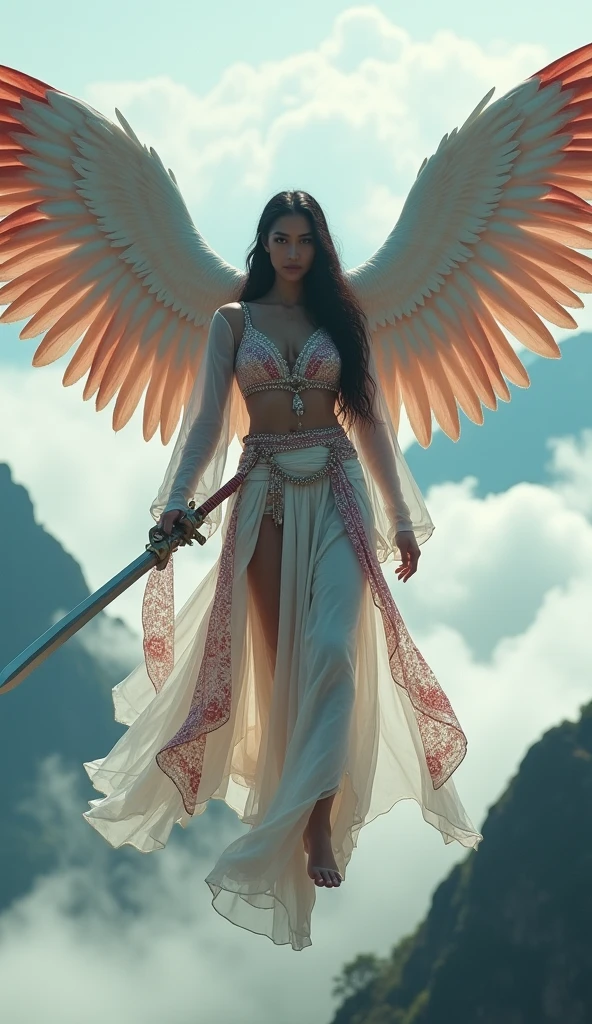 Sci-fi fantasy, cenematic, Naked, nude, topless, A woman wearing a ransparent shawl made of used plastic, large and sexy breasts, super sexy, beautiful, with wings like Indonesian garuda, holding a sword, wearing a very long white skirt with pattern red and white colour with red and white motifs, above the sky, flying on top of mountains, hovering, with a shooting angle from the front, very realistic, (complex detail: 0.9), (hdr, hyperdetail: 1.2), RAW, Sony Alpha a9 II, 24-105mm f/4, HDR, indonesian woman