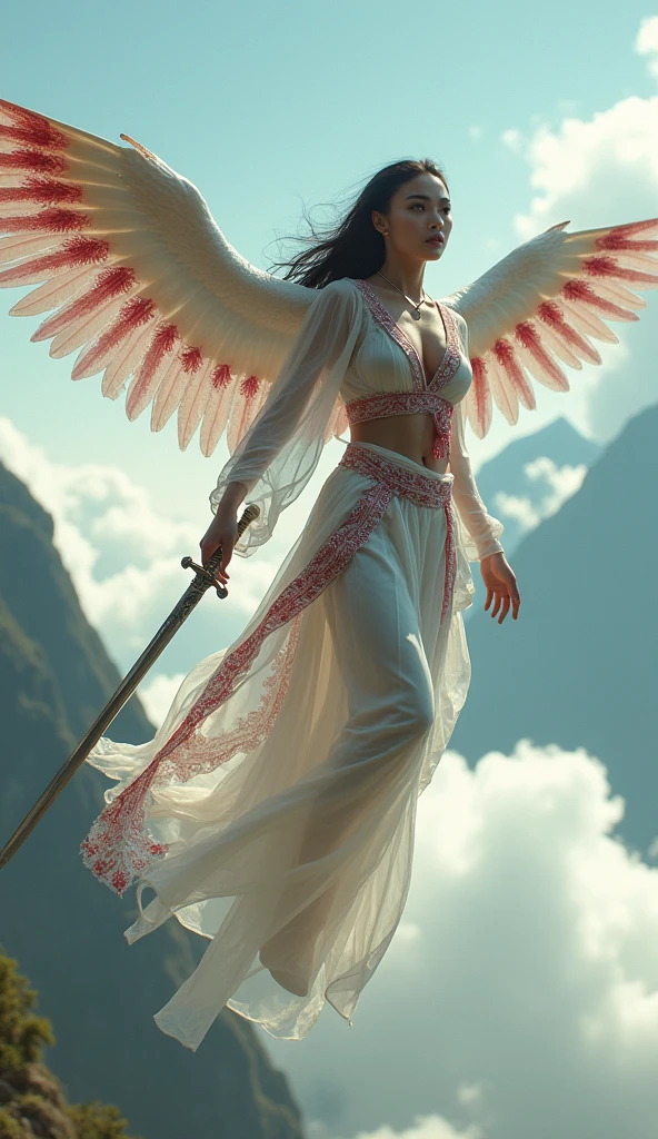 Sci-fi fantasy, cenematic, Naked, nude, topless, A woman wearing a ransparent shawl made of used plastic, large and sexy breasts, super sexy, beautiful, with wings like Indonesian garuda, holding a sword, wearing a very long white skirt with pattern red and white colour with red and white motifs, above the sky, flying on top of mountains, hovering, with a shooting angle from the front, very realistic, (complex detail: 0.9), (hdr, hyperdetail: 1.2), RAW, Sony Alpha a9 II, 24-105mm f/4, HDR, indonesian woman