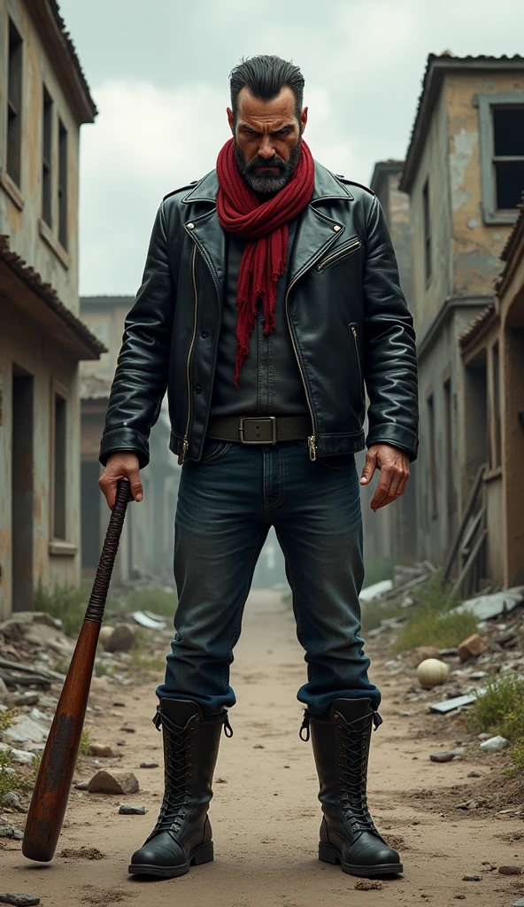 (best quality,8K,highres,masterpiece:1.2), ultra-detailed, realistic, photorealistic:1.37, digital painting, comics style, comic art, (ohwx), Jeffrey Dean Morgan as Negan Smith from the walking dead, stands pissed, angry look, sinister smile, wearing a black leather jacket, red scarf around his neck, jeans, high boots, in his hand he holds a baseball bat on the end of which is wrapped barbed wire, full body photo, immersive background of ruined village