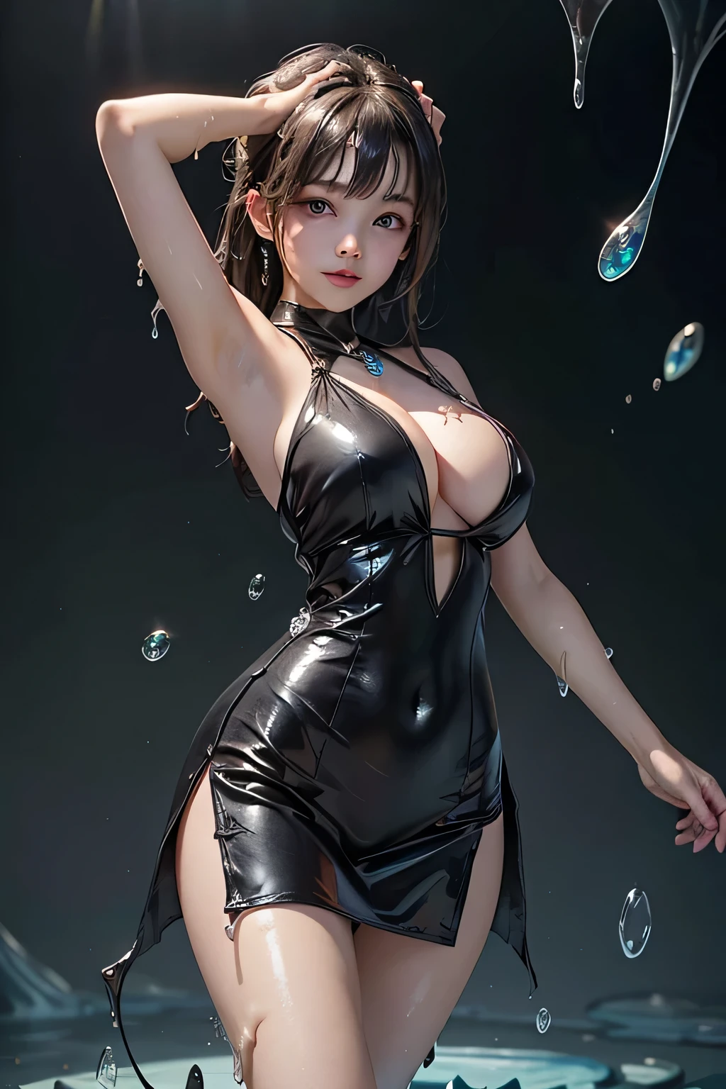 magic circle, (Back view)、Super detailed、(Raw photo)、masterpiece、8k、(Highest quality)、(High resolution:1.3)、Ultra-Details、Angle from below、(Perfect Anatomy:1.3)、1 skin-colored slime、(Skin-colored slime girl in school uniform)、Turn around to look at the viewer、(Beautiful Eyes)、A confident smile、(Super hourglass body type:1.5)、(Super big breasts pointing upwards:1.7)、(Erect nipples)、(Narrow waist)、(Wide super big ass:1.2)、Black Hair、bangs、(White school shirt)、(Super mini pleated skirt)、Uniform bow tie、Increased transparency、(Super see-through:1.2)、Japanese school classroom、(Sexy and acrobatic poses and gestures)、Correct fingers、Open your legs and stick your buttocks out、(She is a slime girl who can freely change her body shape.:1.5)、(Her legs from the thighs down were turned back into flesh-colored slime and spread across the floor.:1.5)、(Detailed depiction of the transformation from a human form to flesh-colored slime spreading across the floor:1.3)、(The background is semi-transparent except for her face.)、magical realism、Magic circle in the background、(One of his hands turns into skin-colored slime midway through the process.)、(Slime is skin colored!:1.5)