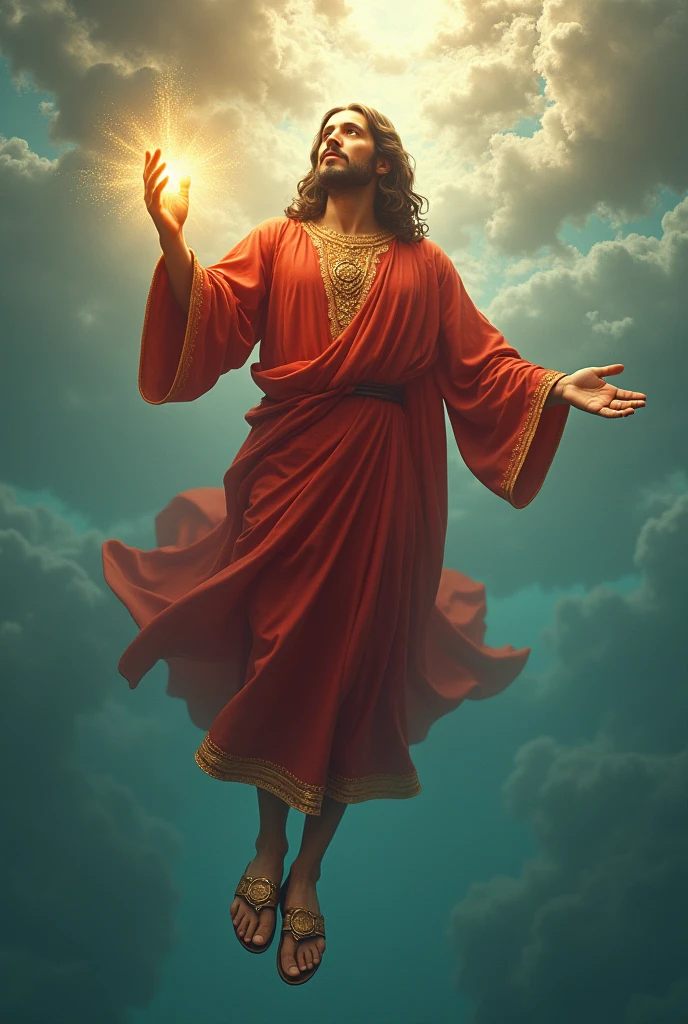 Jesus floating in water with glowing hand with eyes glowing with light with clouds with red clothes and gold details with leather sandals with gold details.