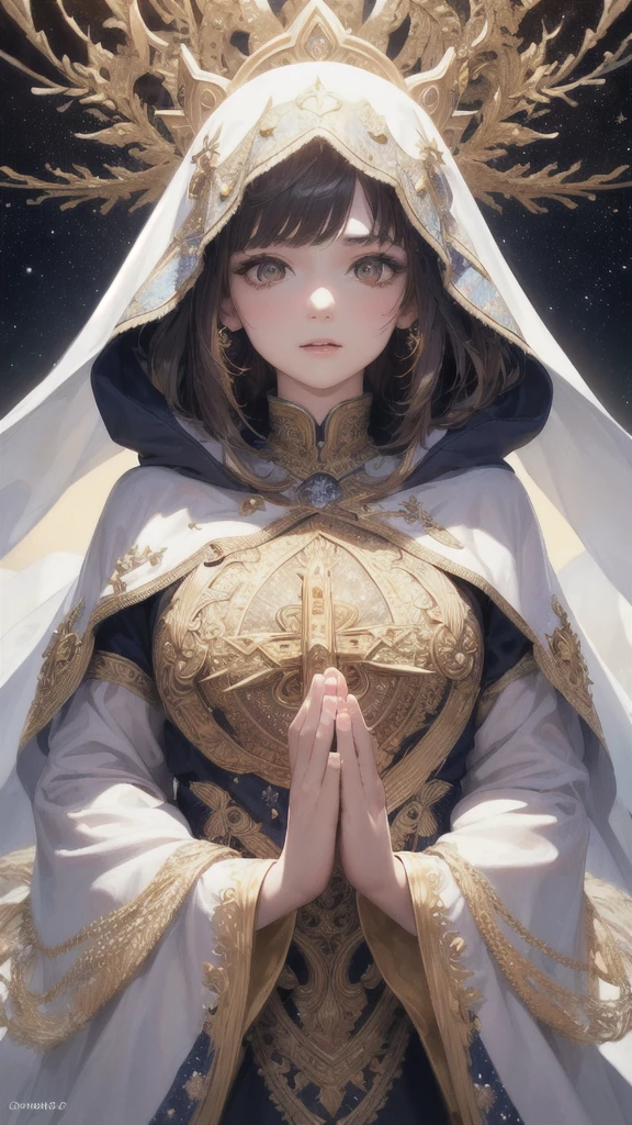 (masterpiece, top quality, best quality, official art, Beautiful and beautiful:1.2), (1 girl), Extremely detailed, (Fractal art:1.3), rich and colorful, most detailed, perfect face, Upper Body, high dynamic range, (prayer:1.3), (white cloak gold thread:1.2), galaxy, (light streaks), Eye-catching visuals, (dynamic stripes, glow trail:1.2), bright colors, 
