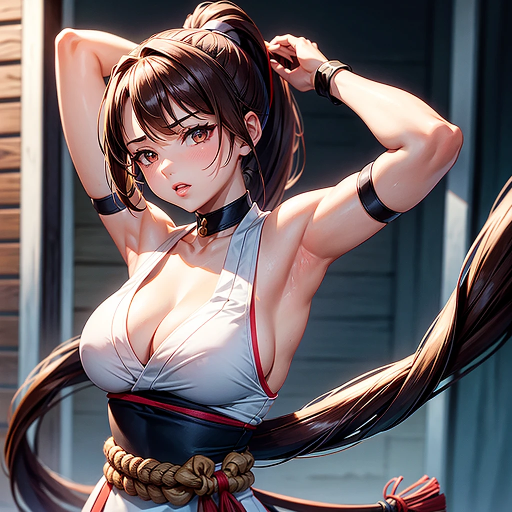 Score_9, score_8_up, score_7_up, 1girl, solo, long hair, breasts, looking at audience, large breasts, brown hair, cleavage, bare shoulders, brown eyes, shut up, upper body, ponytail, Japanese clothing, sleeveless, choker, Blur, arms up, lips, parted bangs, belt, blurred background, high ponytail, rope, armband, arms behind head, ninja, Mai Shiranui