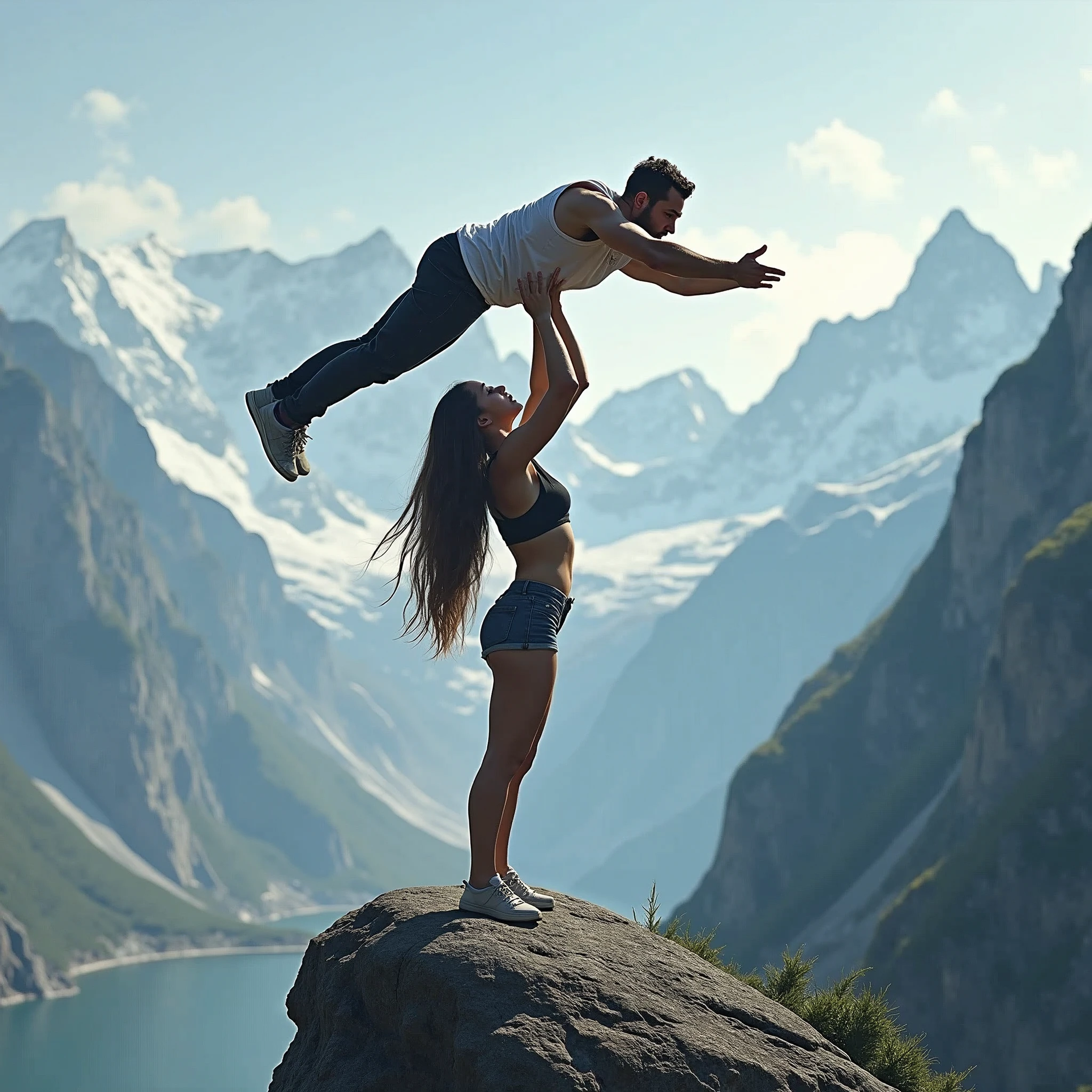 Beautiful teen Girl lifting a man high over her head with her strong arms. She is standing on a cliff with tall Mountains in the background. 
