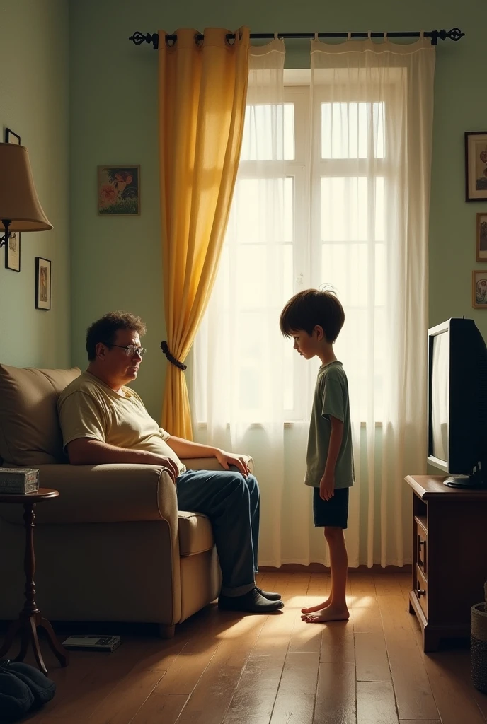 A thin twelve year old boy. He is very nervous looking introvert, skinny and weak. Bad at sports also a coward. Telling something to this father while his father is watching television and sitting on sofa and ignoring what the boy is telling. The boy was standing at the right side and the father was sitting on the sofa watching television. The background is an apartment 
