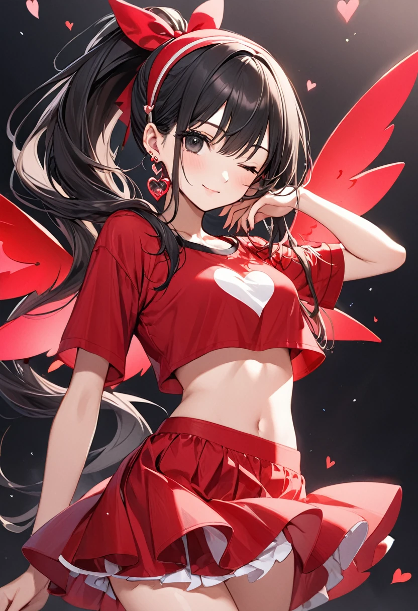 a young girl is wearing red clothes with heart shaped wings sticking out of her skirt, 1girl, solo, one eye closed, jewelry, hairband, ponytail, black hair, heart, looking at viewer, black eyes, long hair, earrings, crop top, midriff, red shirt