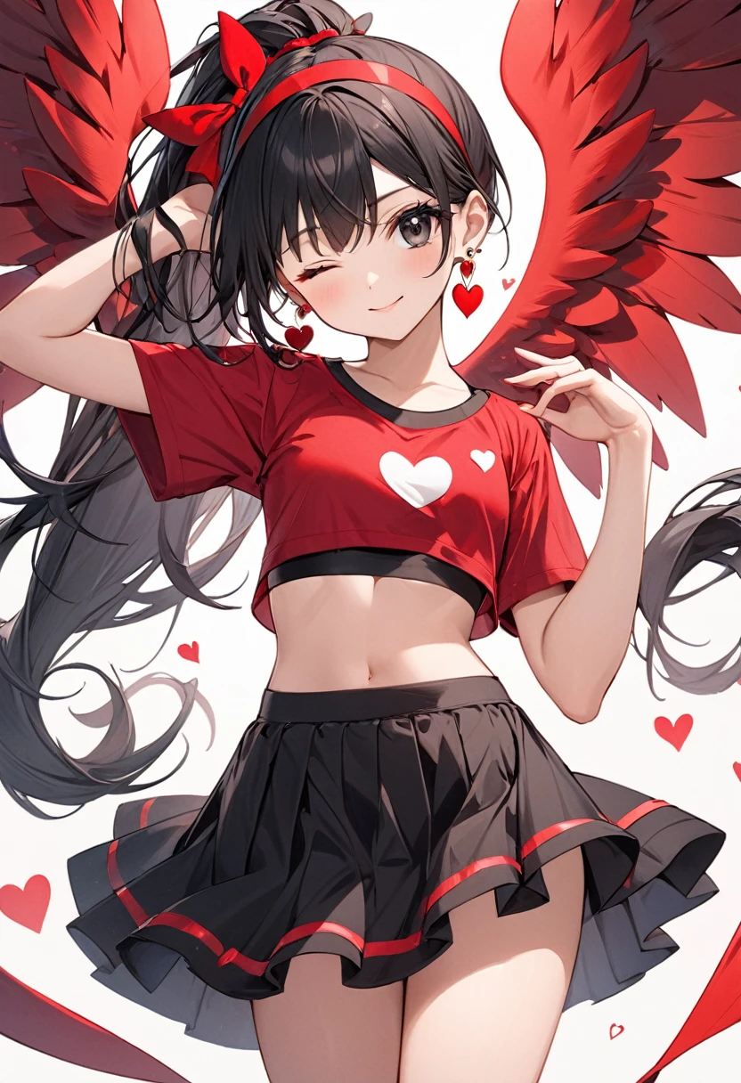 a young girl is wearing red clothes with heart shaped wings sticking out of her skirt, 1girl, solo, one eye closed, jewelry, hairband, ponytail, black hair, heart, looking at viewer, black eyes, long hair, earrings, crop top, midriff, red shirt