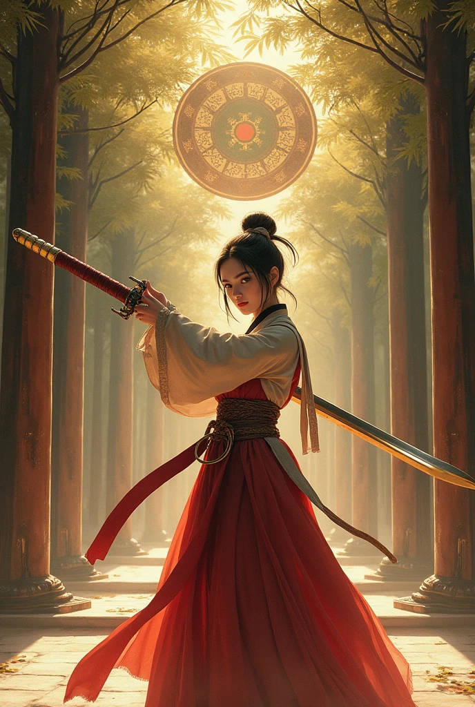 (photorealistic :1.3), epic hyper Realistic, intricate details, High-tech, light and shiny, ink and gold painting, 3/4 of body View, a girl wearing a belly band and hafu, holding a heavy Chinese Saber  in the courtyard of an old dojo, the background is sacred bamboo forest in khun l'un mountain, mandala diagram, soft light.