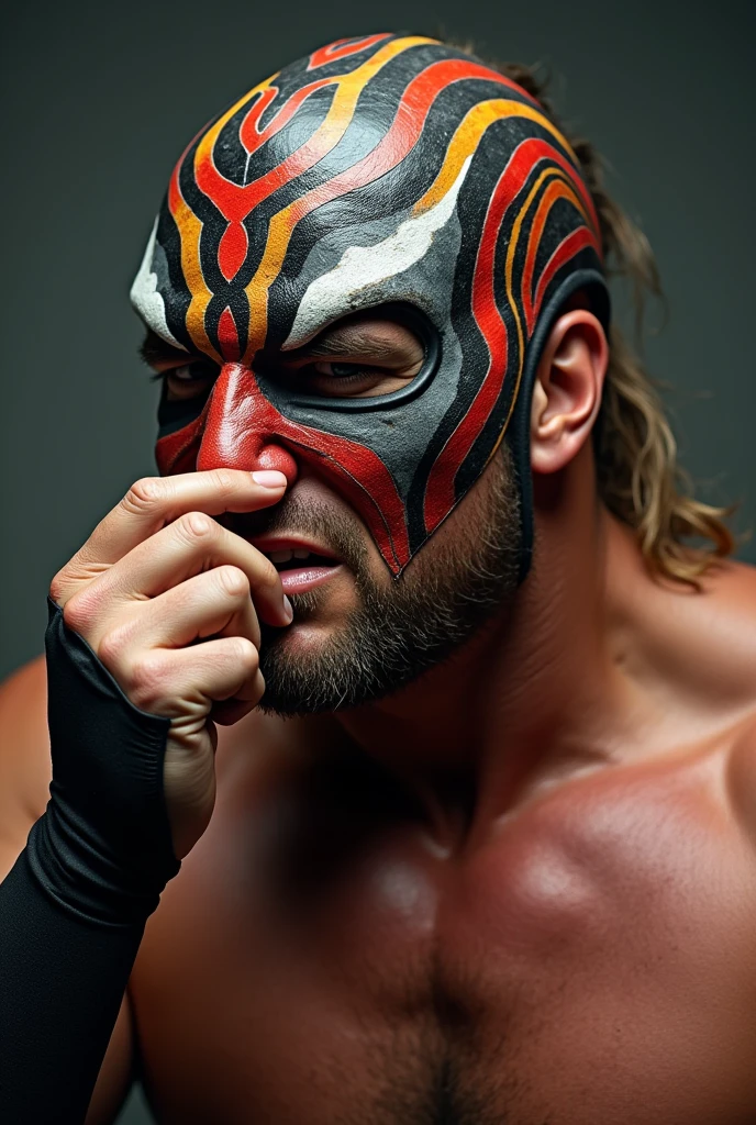 Wrestler wearing a mask, picking his nose, face closeup