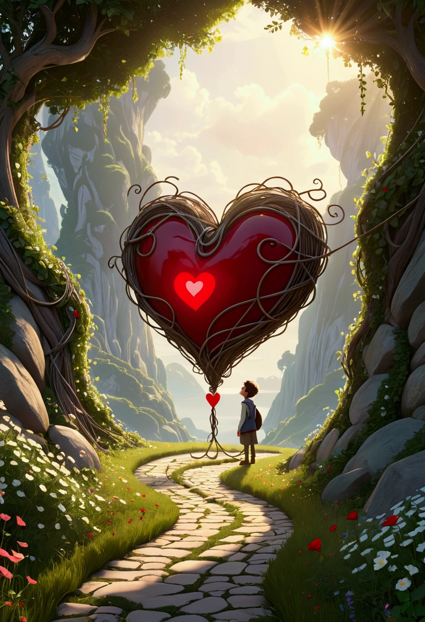 An animated heart thinking, on a tangled path